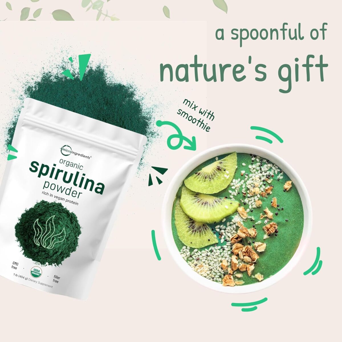 Micro Ingredients Organic Spirulina Powder, 16 Ounce, Raw Spirulina (Arthrospira Platensis), The Richest Sources of 70% Vegan Protein, Containers Minerals, Vitamins, Non-GMO & Non-Irradiation - Image 7