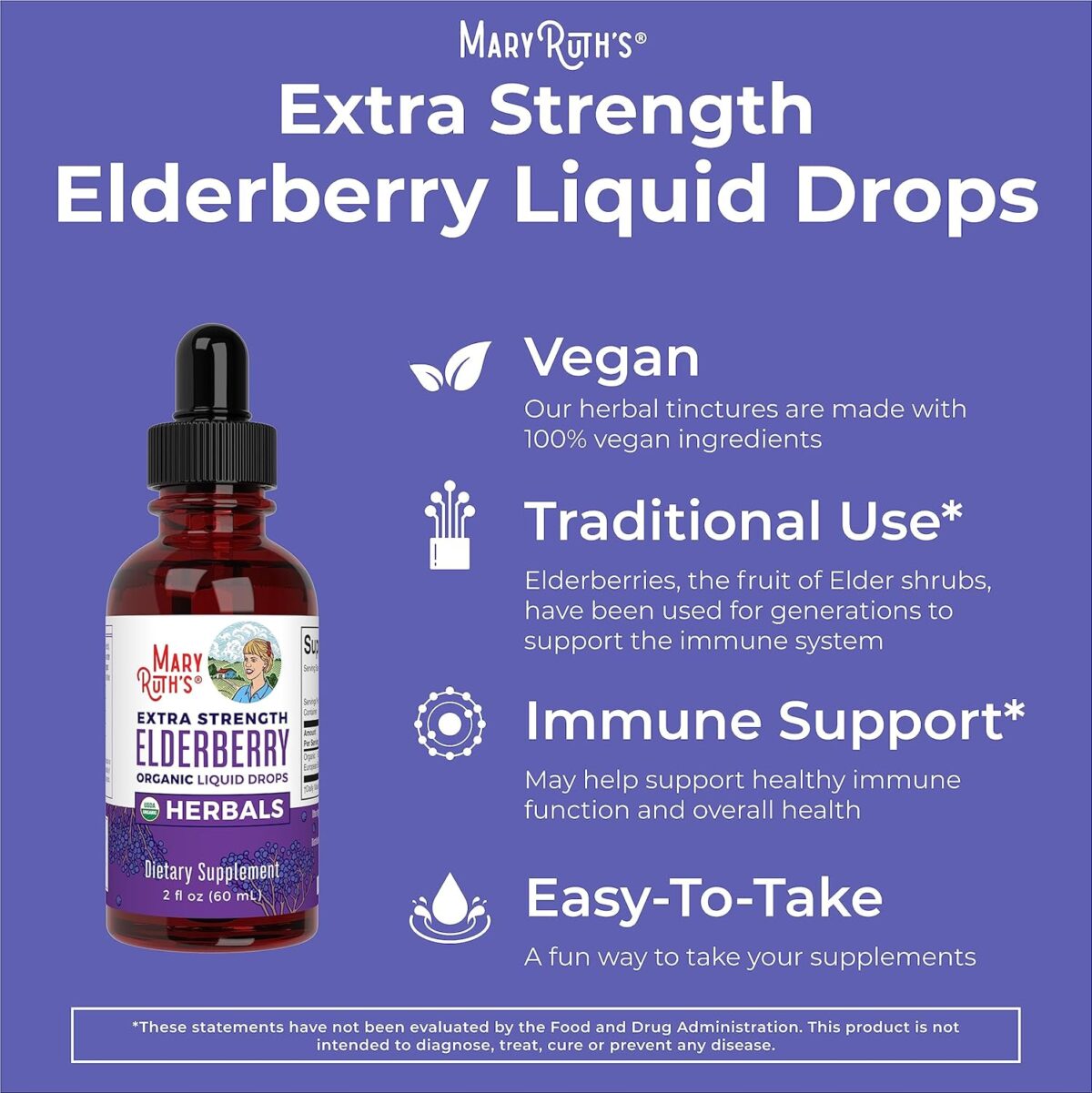 MaryRuth Organics Elderberry Syrup Extra Strength, USDA Organic Elderberry, Sugar Free Adults & Kids Immune Support Supplement for Ages 1+, Clean Label Project Verified®, Vegan, Gluten Free, 2 Fl Oz - Image 6
