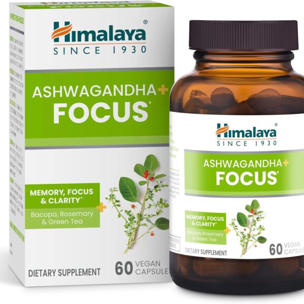 Himalaya Ashwagandha+ Focus with Ashwagandha, Bacopa, Rosemary & Green Tea for Memory, Focus and Clarity, 60 Capsules, 1 Month Supply, Vegan, Gluten Free