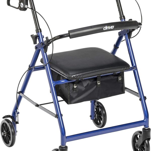 Drive Medical Aluminum Rollator Walker Fold Up and Removable Back Support, Padded Seat, 6" Wheels, Blue,R726BL