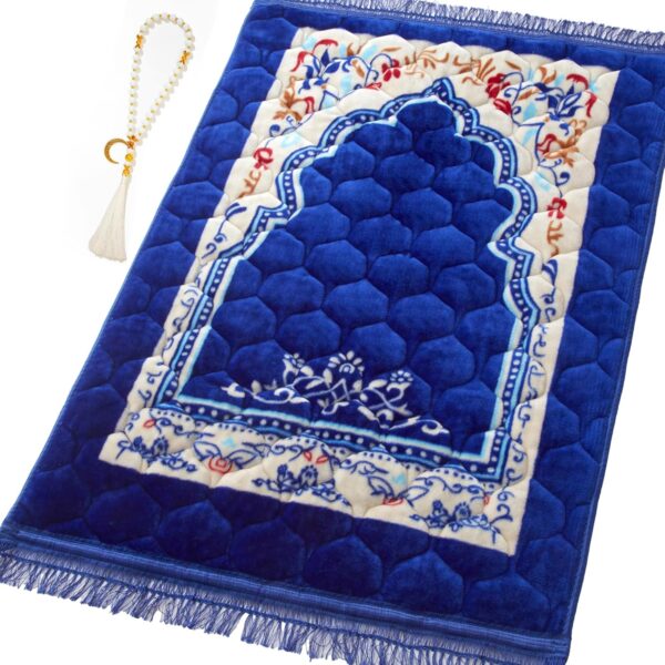 Muslim Prayer Rug with Tasbih Prayer Beads, Soft Large Prayer Matt Islam, Padded Islamic Prayer Mat Thick for Men and Women, Janamaz, Sajadah (31.5" x 47.2", Royal Blue)