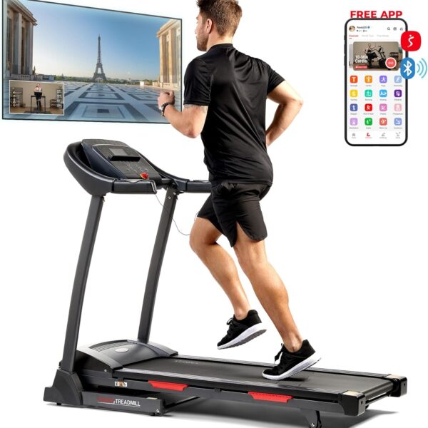 Sunny Health & Fitness Premium Folding Treadmill for Home with Adjustable Incline, Shock Absorption, Digital Monitor, Pulse Sensors, Speed Buttons, Optional Free SunnyFit App Bluetooth Connection
