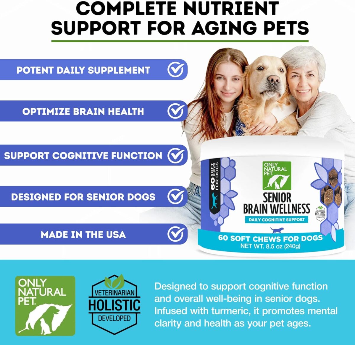 ONLY NATURAL PET Senior Brain Wellness Dog Chews - Small, Medium & Large Breeds, Toothless & Geriatric Dogs, Soft Chicken & Bacon Flavor Snacks, Baked Treats - 60 Count - Image 2