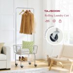Tajsoon Laundry Cart with Hanging Rack, Metal Rolling Laundry Cart with Wheels and Storage Basket, Silver - Image 5