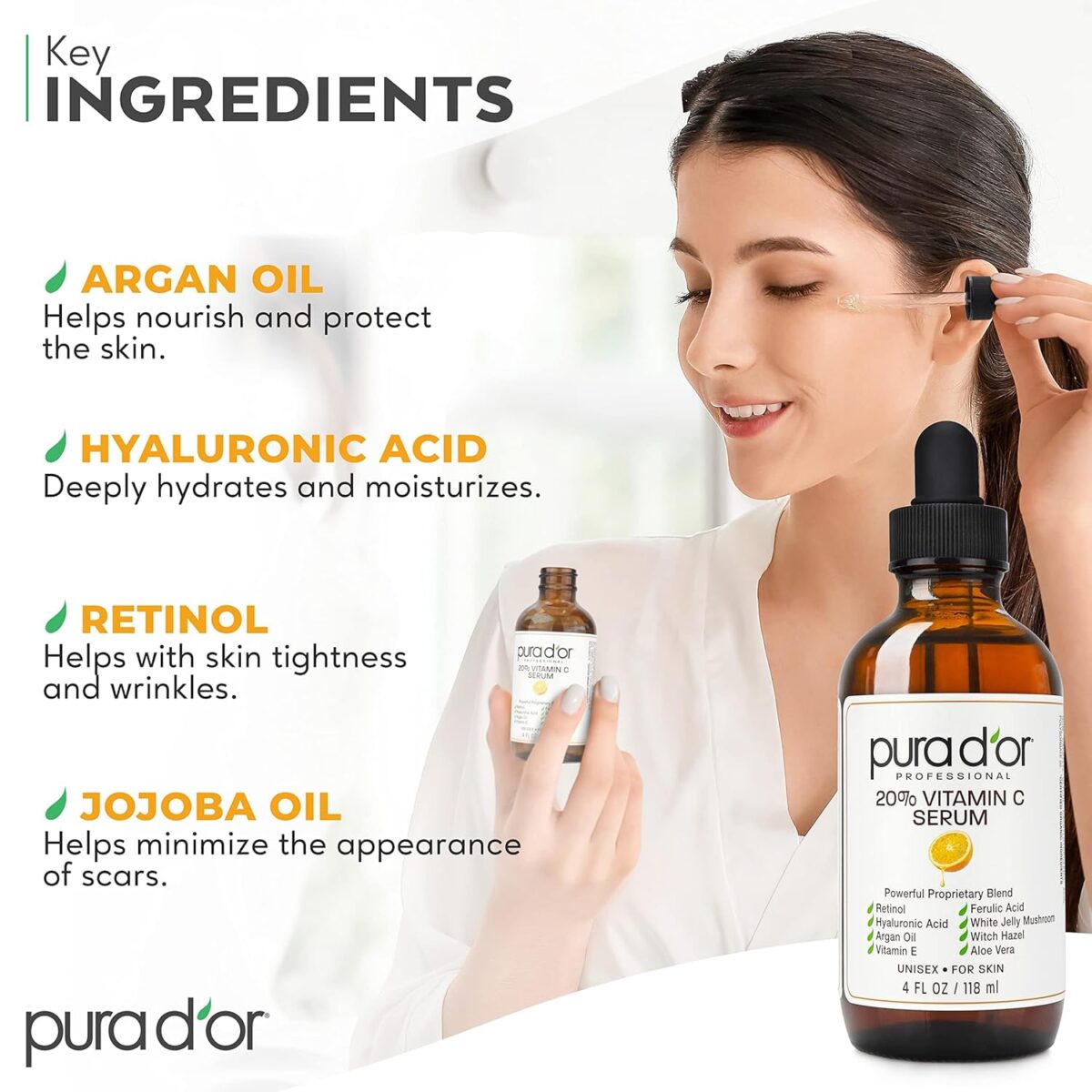 PURA D'OR 20% Vitamin C Serum 4 Oz - Lightweight Maximum Strength Formula - Retinol, Hyaluronic Acid, Ferulic Acid - Professional Grade Treatment For Face & Eyes, Wrinkles - Men & Women - Image 4