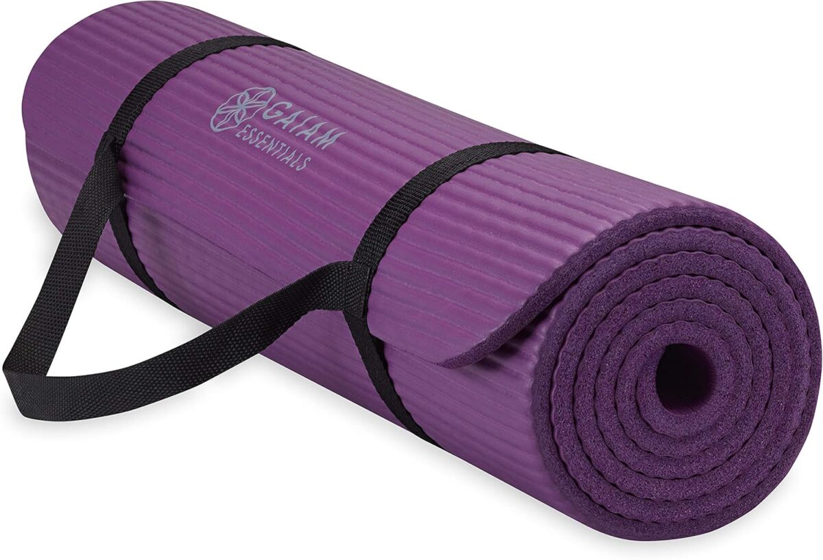 Gaiam Essentials Thick Yoga Mat Fitness & Exercise Mat with Easy-Cinch Yoga Mat Carrier Strap, 72"L x 24"W x 2/5 Inch Thick - Image 1