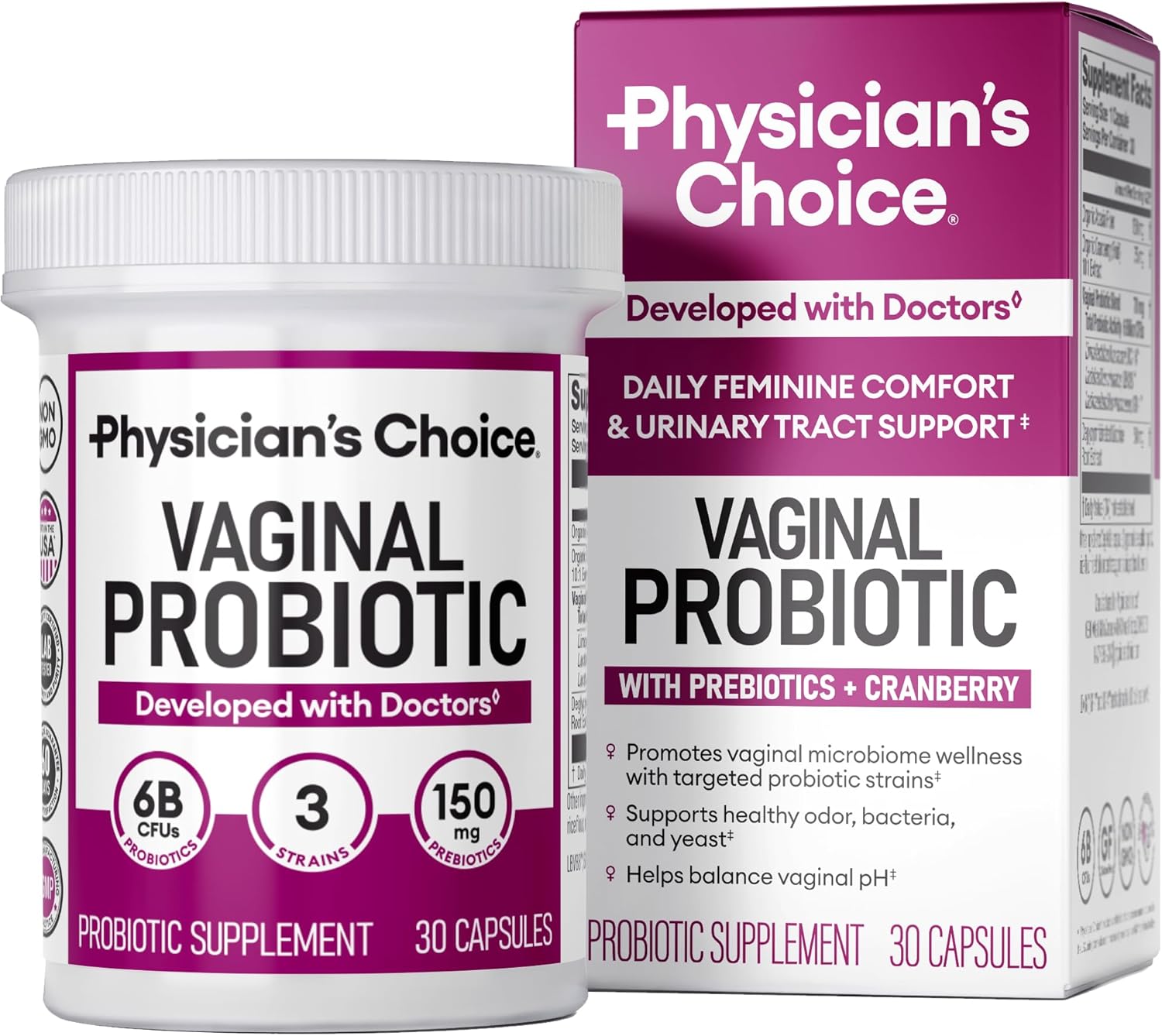 81NGuFQNkOL._AC_SL1500_.jpg Physician's CHOICE Vaginal Probiotics for Women - pH Balance, Odor Control, Yeast Balance, Vaginal Flora & Feminine Health - 6B CFU with Organic Prebiotics and Cranberry Extract - 30 CT - Image 1