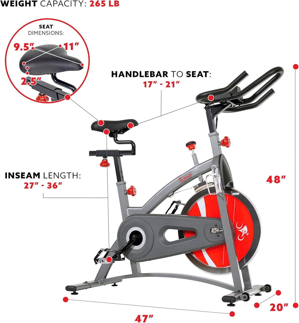 Sunny Health & Fitness Stationary Exercise Bike Machine w/4-Way Adjustable Cushion Seat & Multi-Grip Handlebar, Indoor Cycling Equipment for Home Cardio Training, Optional Heavy-Duty & 40LB Flywheel - Image 6