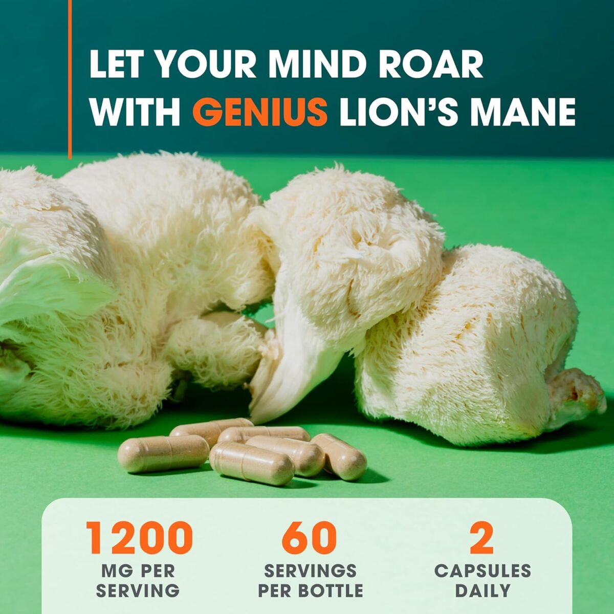 Genius Lion’s Mane Supplement Capsules – Organic Full Spectrum Mushrooms for Cognition, Focus & Memory – 1,200mg Per Serving, 120 Count (60 Servings) – Grown in The USA - Image 4