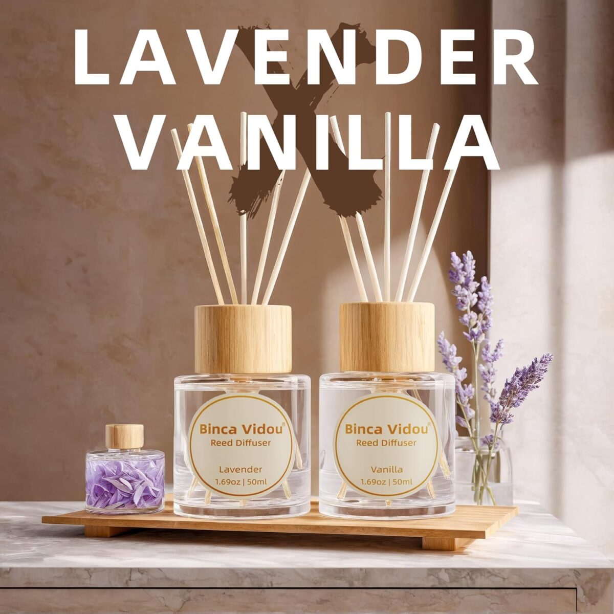 Reed Diffuser Set, Binca Vidou Lavender & Vanilla Natural Scent Oil Diffusers with Sticks for Home Office Bathroom Aromatherapy Decor 1.69oz x 2 - Image 2