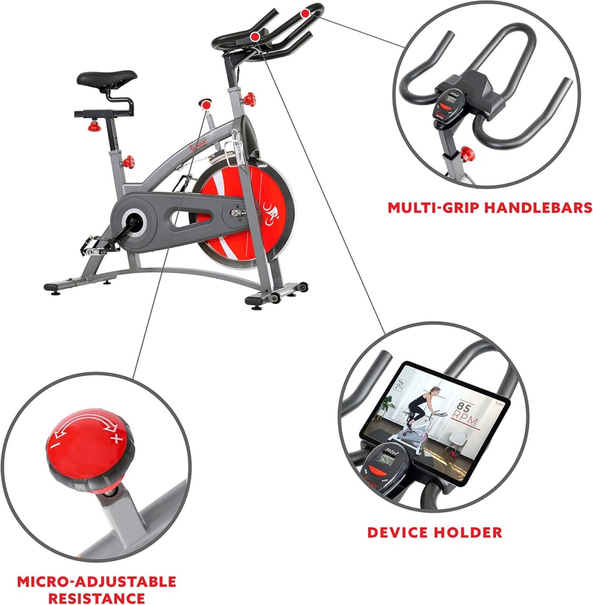 Sunny Health & Fitness Stationary Exercise Bike Machine w/4-Way Adjustable Cushion Seat & Multi-Grip Handlebar, Indoor Cycling Equipment for Home Cardio Training, Optional Heavy-Duty & 40LB Flywheel - Image 4
