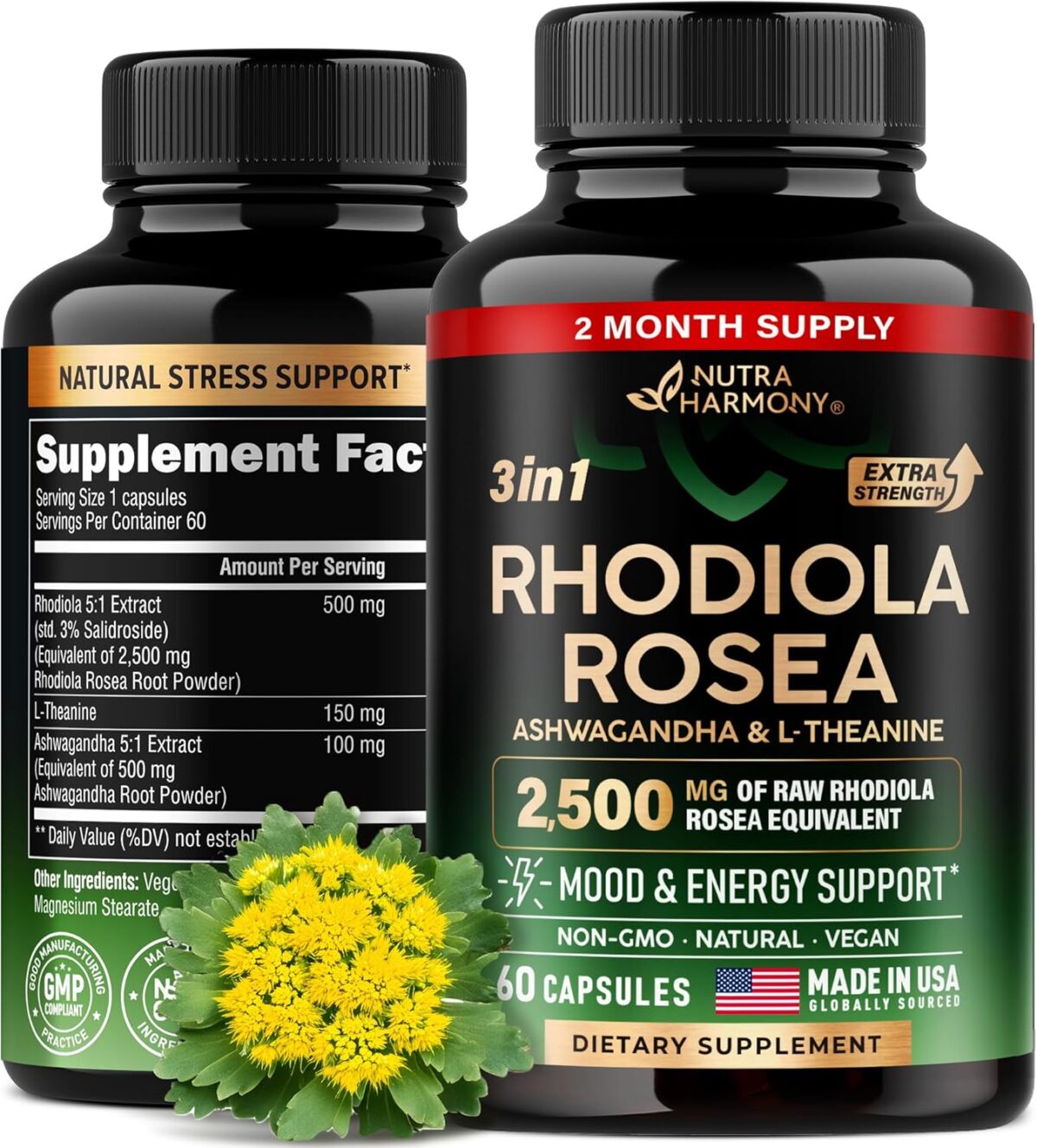 Rhodiola Rosea Supplement 2500mg - with Ashwagandha & L-Theanine - Stress Relief, Energy Boost & Mood Support - Rhodiola Extract 5:1 | 3% Salidroside - for Men & Women - 2 Month Supply, 60 Capsules - Image 1