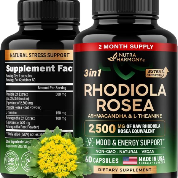 Rhodiola Rosea Supplement 2500mg - with Ashwagandha & L-Theanine - Stress Relief, Energy Boost & Mood Support - Rhodiola Extract 5:1 | 3% Salidroside - for Men & Women - 2 Month Supply, 60 Capsules