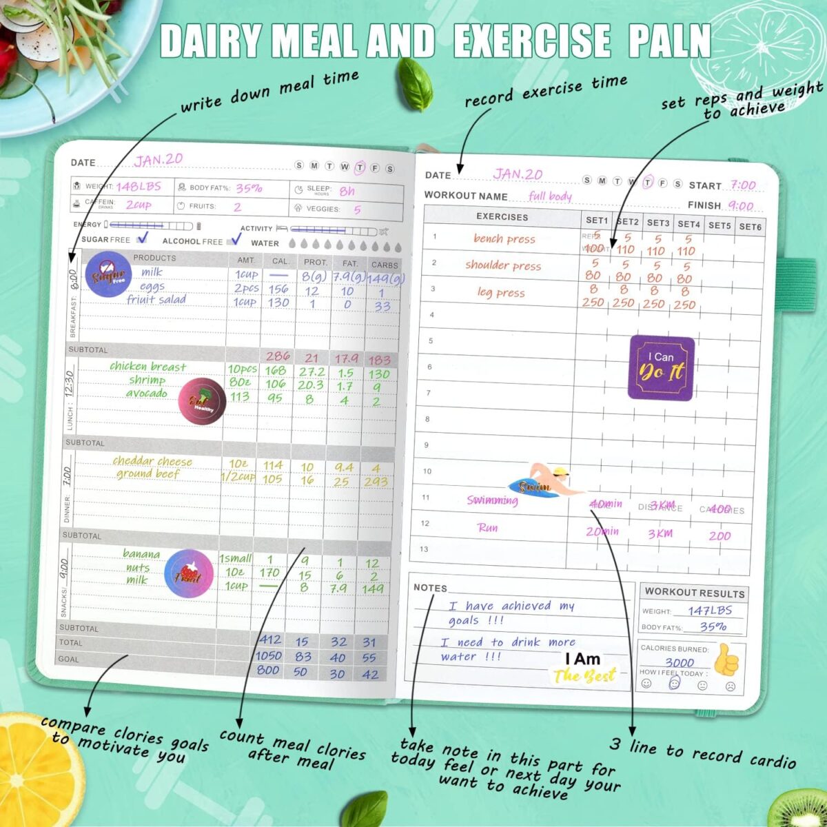Food and Fitness Journal Hardcover Wellness Planner Workout Journal for Women Men to Track Meal and Exercise Count Calories Weight Loss Diet Training Weight Loss Tracker Undated Home and Gym - Image 3