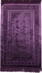 Modefa Velvet Prayer Rug - Soft Plush Turkish Janamaz Sajada Carpet for Men and Women - Plain Solid Prayer Mat Ramadan Eid Gift - with Prayer Beads - Luxury Floral Stamp (Purple) - Image 3