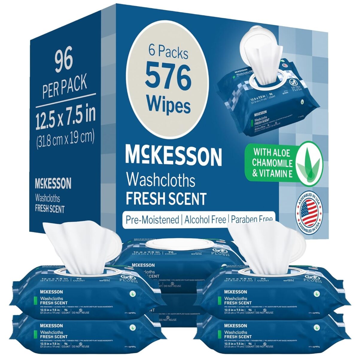 McKesson Washcloth Wipes for Adults, Scented (6 Pack, 576 Washcloths) Disposable Wash Cloths for Body - No-Rinse Formula with Snap Lid - Good for Incontinence and Elderly - 96 Wipes Per Pack - Image 1