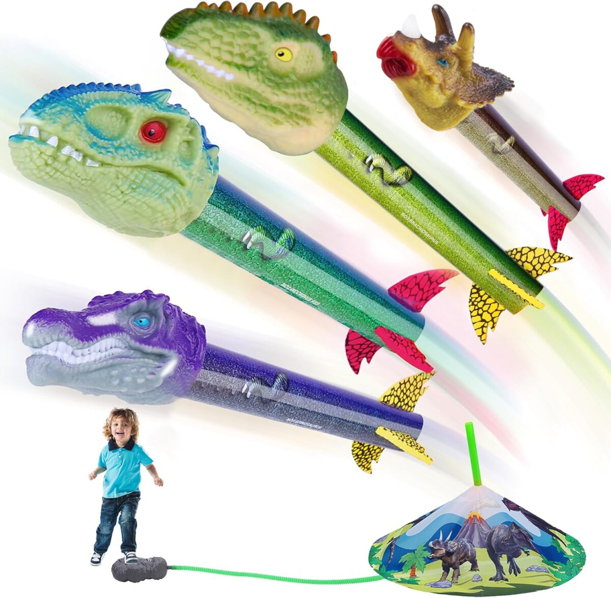 Dinosaur Toy Rocket Launcher for Kids - Launch Up to 100 Ft, 4 Rockets, Outdoor Outside Toys for Kids, Dinosaur Toys, Birthday Gifts for 3 4 5 6 7 8-12 Year Old Boys Girls - Image 1