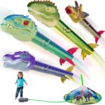 Dinosaur Toy Rocket Launcher for Kids - Launch Up to 100 Ft, 4 Rockets, Outdoor Outside Toys for Kids, Dinosaur Toys, Birthday Gifts for 3 4 5 6 7 8-12 Year Old Boys Girls