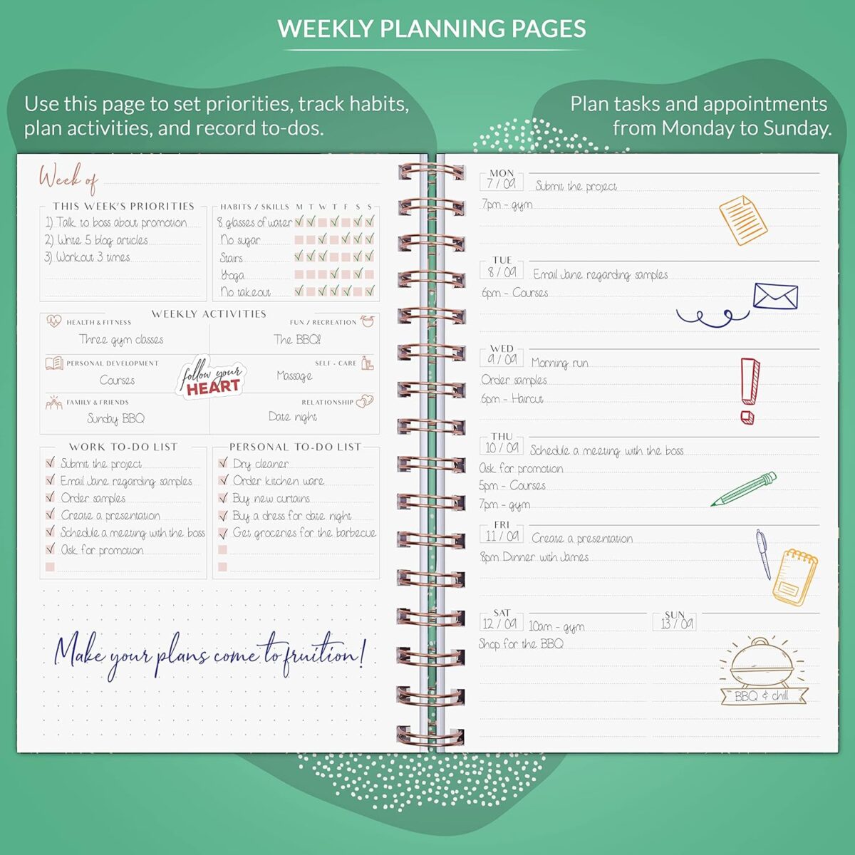 PLANBERRY Weekly Planner – Undated Life Organizer & Budget Planner – Time Management, Goal Setting, to-Do List, Work-Life Balance & Habit Tracker – 6.1″ x 8.1″ (Green Pastures) - Image 3