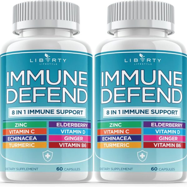 8 in 1 Immune Defense Support, Immunity Vitamins Supplement Booster with Zinc 50mg, Vitamin C Elderberry Vit D3 5000 IU, Turmeric Curcumin & Ginger, Echinacea - Allergy Relief for Kids Adults (2 Pack)
