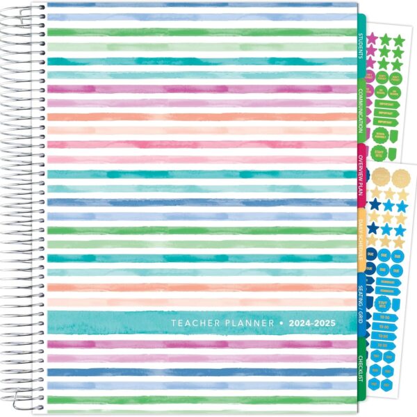 Aug 2024-Jul 2025 Deluxe Teacher Planner Notebook 8.5x11 Daily Weekly Monthly Organizers with 7 Periods, Pocket Folder, Dated Calendar, Page Tabs, Bookmark and Planning Stickers (Watercolor Stripes)