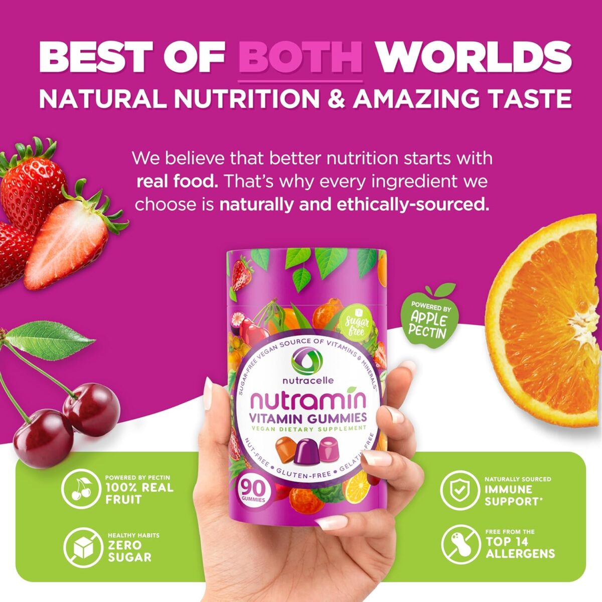 NUTRAMIN Daily Vegan Keto Multivitamin Gummies Non-GMO Natural Vitamin C, D + Zinc for Immunity, Plant-Based, Sugar-Free, Nut-Free, Gluten-Free, Biotin, Vitamin A, B, B6, B12 & More 90 Count, 45 Days - Image 3