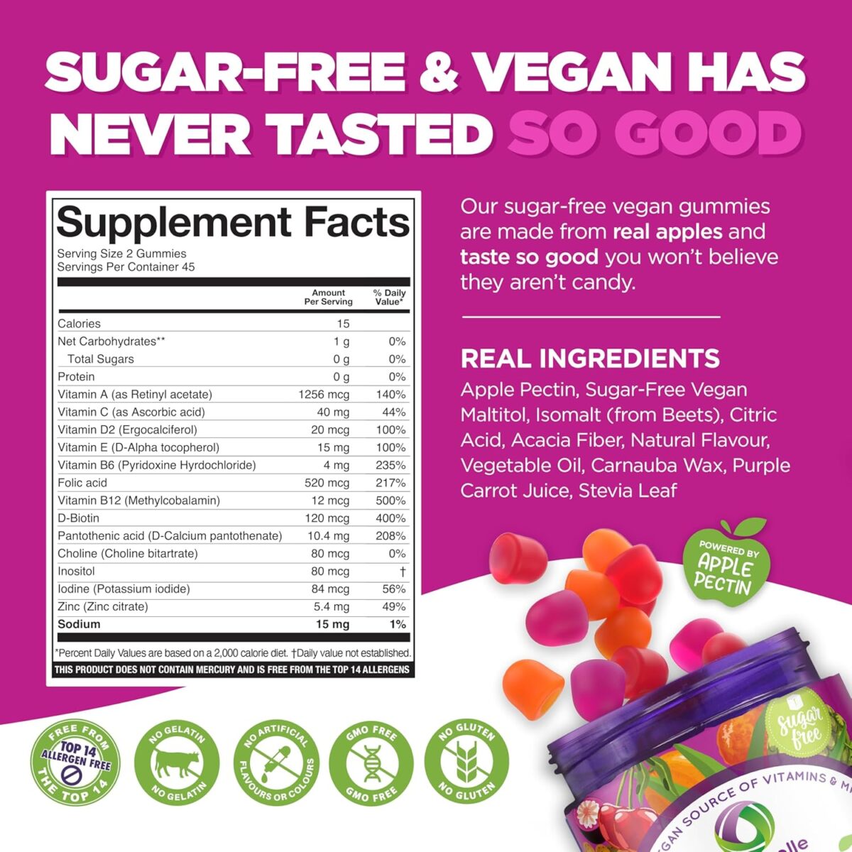NUTRAMIN Daily Vegan Keto Multivitamin Gummies Non-GMO Natural Vitamin C, D + Zinc for Immunity, Plant-Based, Sugar-Free, Nut-Free, Gluten-Free, Biotin, Vitamin A, B, B6, B12 & More 90 Count, 45 Days - Image 2