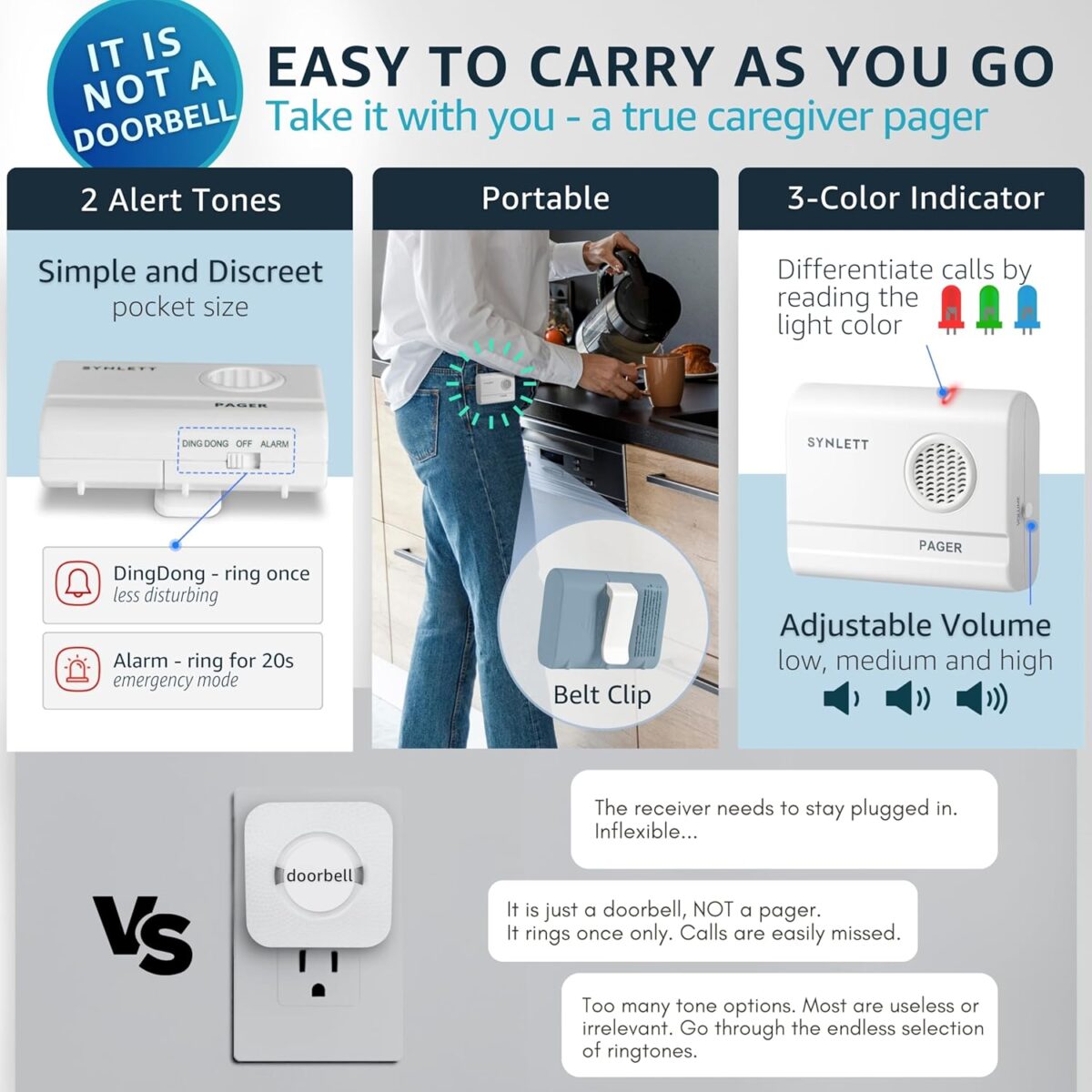 Caregiver Pager Call Button Wireless Call Bell Alert Buttons for Patients Elderly Seniors Home Portable Nurse Call System Bed Alarm Fall Prevention Emergency - Image 4