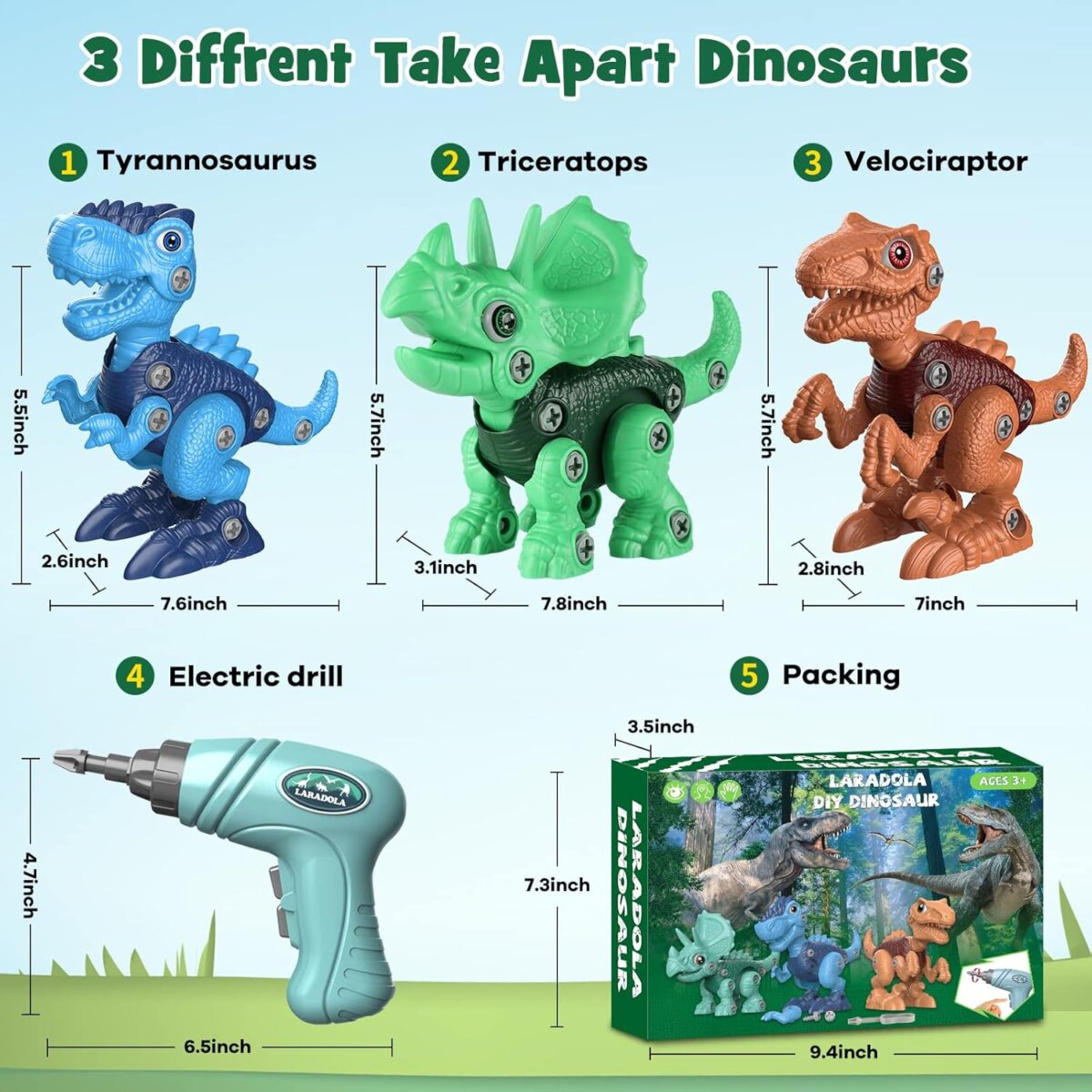 Laradola Dinosaur Toys for 3 4 5 6 7 8 Year Old Boys, Kids Take Apart STEM Construction Building Kids Toys with Electric Drill, Party Christmas Birthday Gifts Boys Girls - Image 8