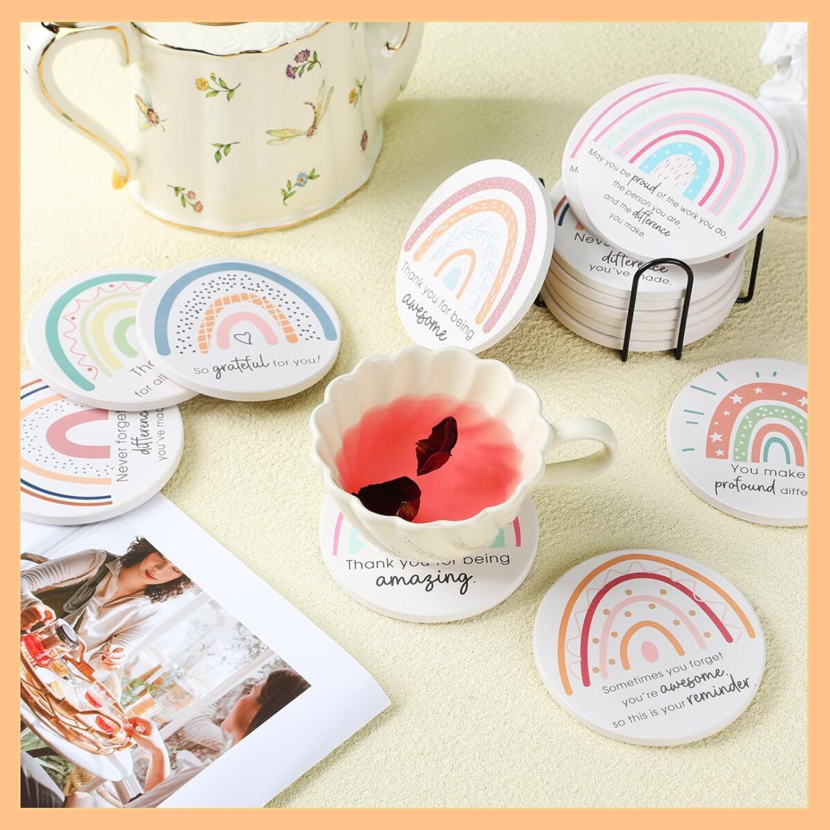 Set of 24 Thank You Appreciation Coasters Set, Ceramic Absorbent Drinks Coasters with Cork, Water Absorbent Cute Cup Mat Gifts for Teacher Employee(Fresh Style,Set of 24) - Image 4