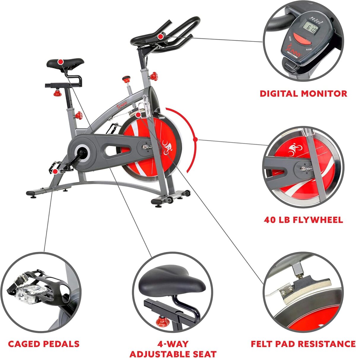 Sunny Health & Fitness Stationary Exercise Bike Machine w/4-Way Adjustable Cushion Seat & Multi-Grip Handlebar, Indoor Cycling Equipment for Home Cardio Training, Optional Heavy-Duty & 40LB Flywheel - Image 3