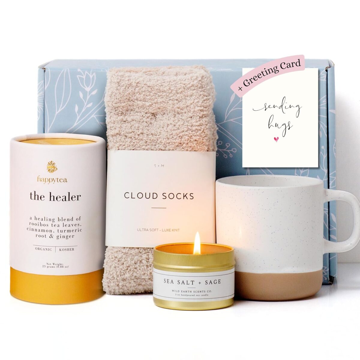 Unboxme Get Well Gift Box - USDA Organic Get Well Soon Self Care Package for Women | Fluffy Socks, Mug, Lemon & Ginger Tea Set, Sea Salt, Sage Scented Candle, Sending Hugs Card | Feel Better Basket - Image 1