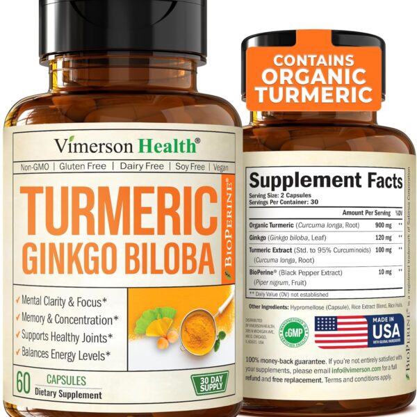 Turmeric Curcumin with Black Pepper and Ginkgo Biloba supplements. Natural Turmeric Supplement with Organic Tumeric to aid Joint Health, Brain Clarity, Focus, Memory, and Concentration. Vegan. 60 Caps