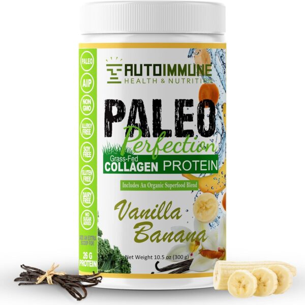 Paleo Perfection Vanilla Banana Grass Fed Beef Collagen Protein Powder with Stevia - Paleo, Keto, SCD, AIP Protein Powder with Apple Fiber, Carrot & Broccoli - 300g Protein Powder & Superfood Blend