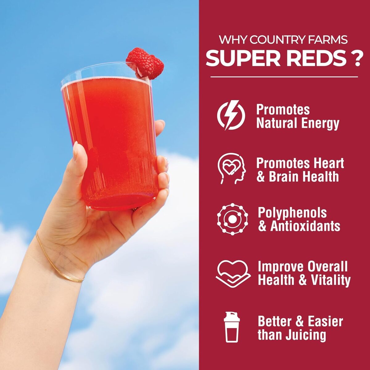 COUNTRY FARMS Super Reds, Energizing Polyphenol Superfood, 48 Super Fruits and Berries, Powerful Antioxidants and Polyphenols, Supports Energy, 20 Servings, Mixed Berry Flavor - Image 4