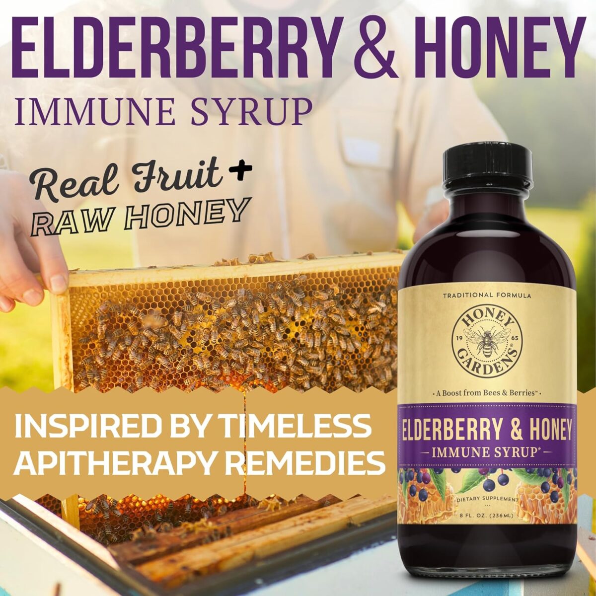 Honey Gardens Elderberry & Honey Immune Syrup - Black Elderberry Syrup for Adults & Kids, Natural Throat Defense Wellness Supplement with Propolis & Organic Apple Cider Vinegar - 8 Fl Oz - Image 3