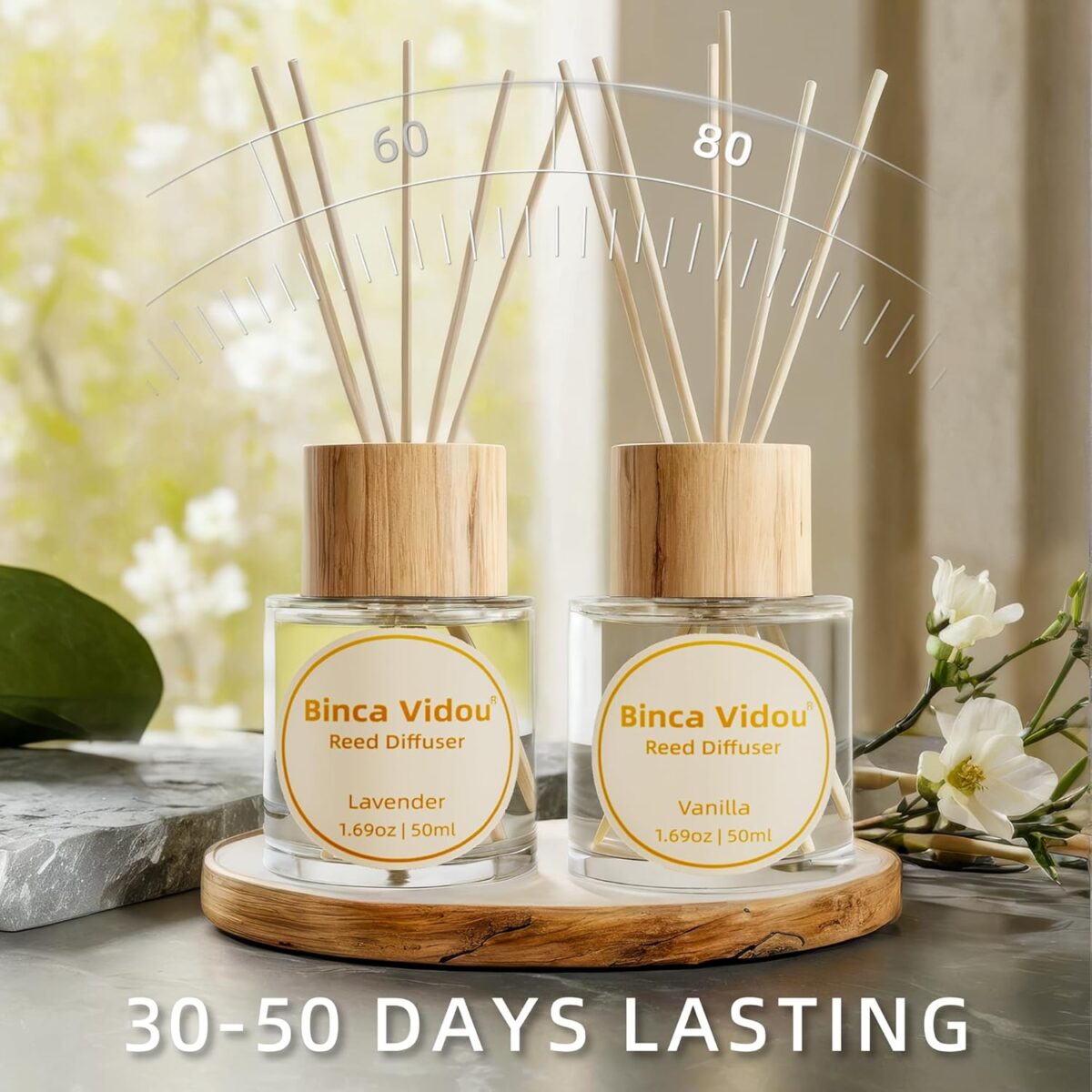 Reed Diffuser Set, Binca Vidou Lavender & Vanilla Natural Scent Oil Diffusers with Sticks for Home Office Bathroom Aromatherapy Decor 1.69oz x 2 - Image 8
