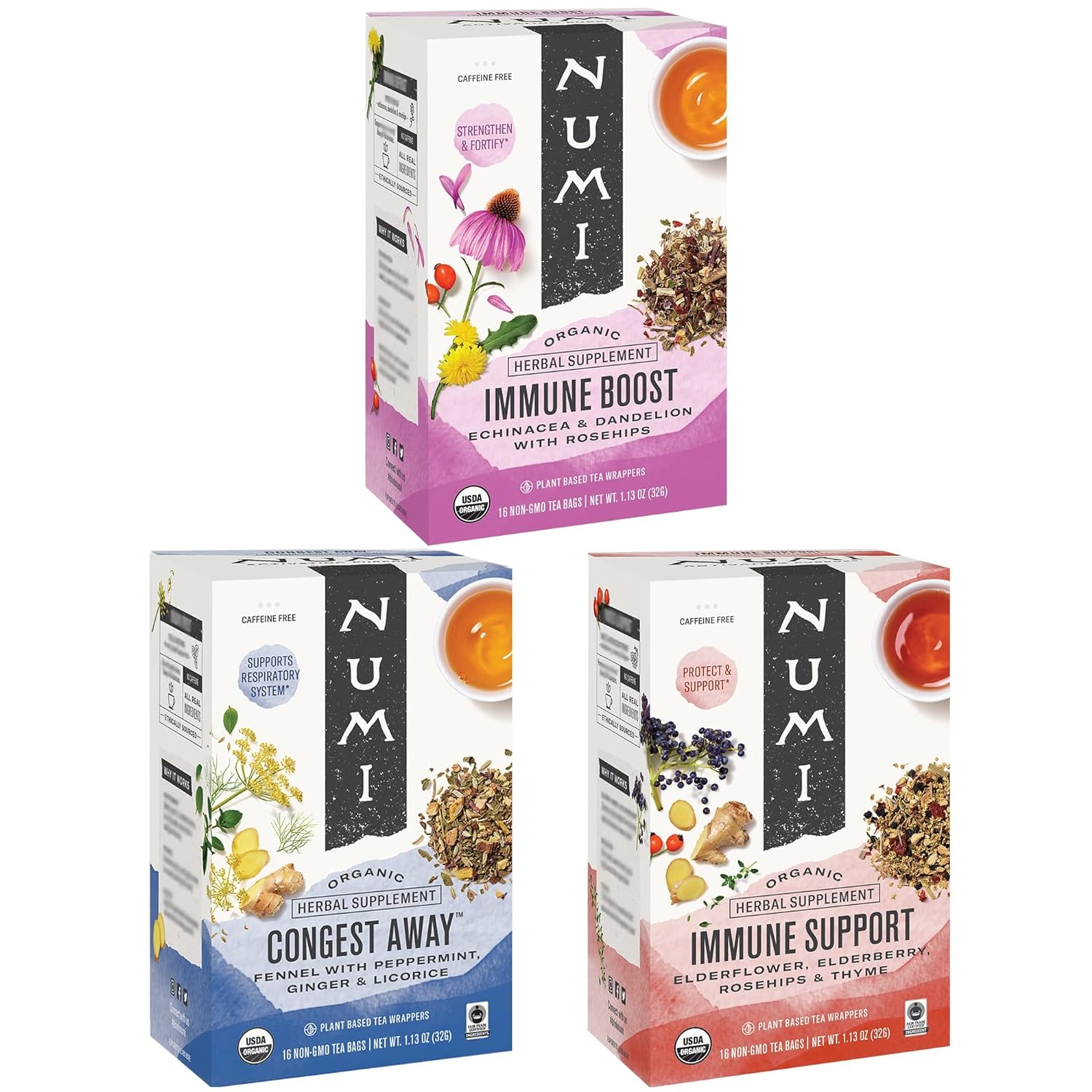 81ZBHSwz2wL._SL1500_.jpg Numi Organic Tea Immunity Variety Pack, 16 Tea Bags (Pack of 3), Elderberry and Echinacea Tea - Image 1