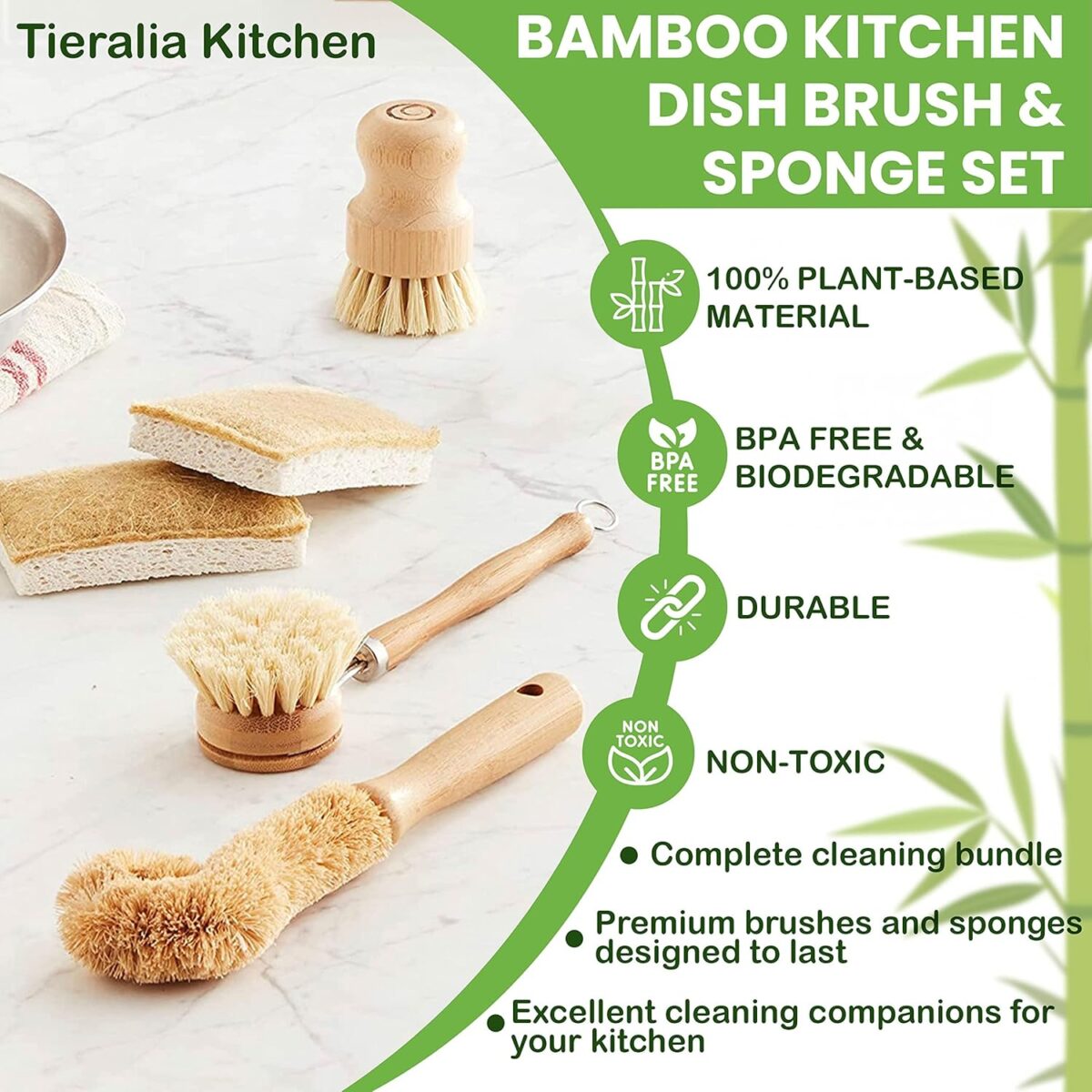 Tieralia 5-Piece Eco-Friendly Bamboo Dish Brush Set with Compostable Wood Pulp Sponges | Bamboo Kitchen Cleaning Set - Image 7