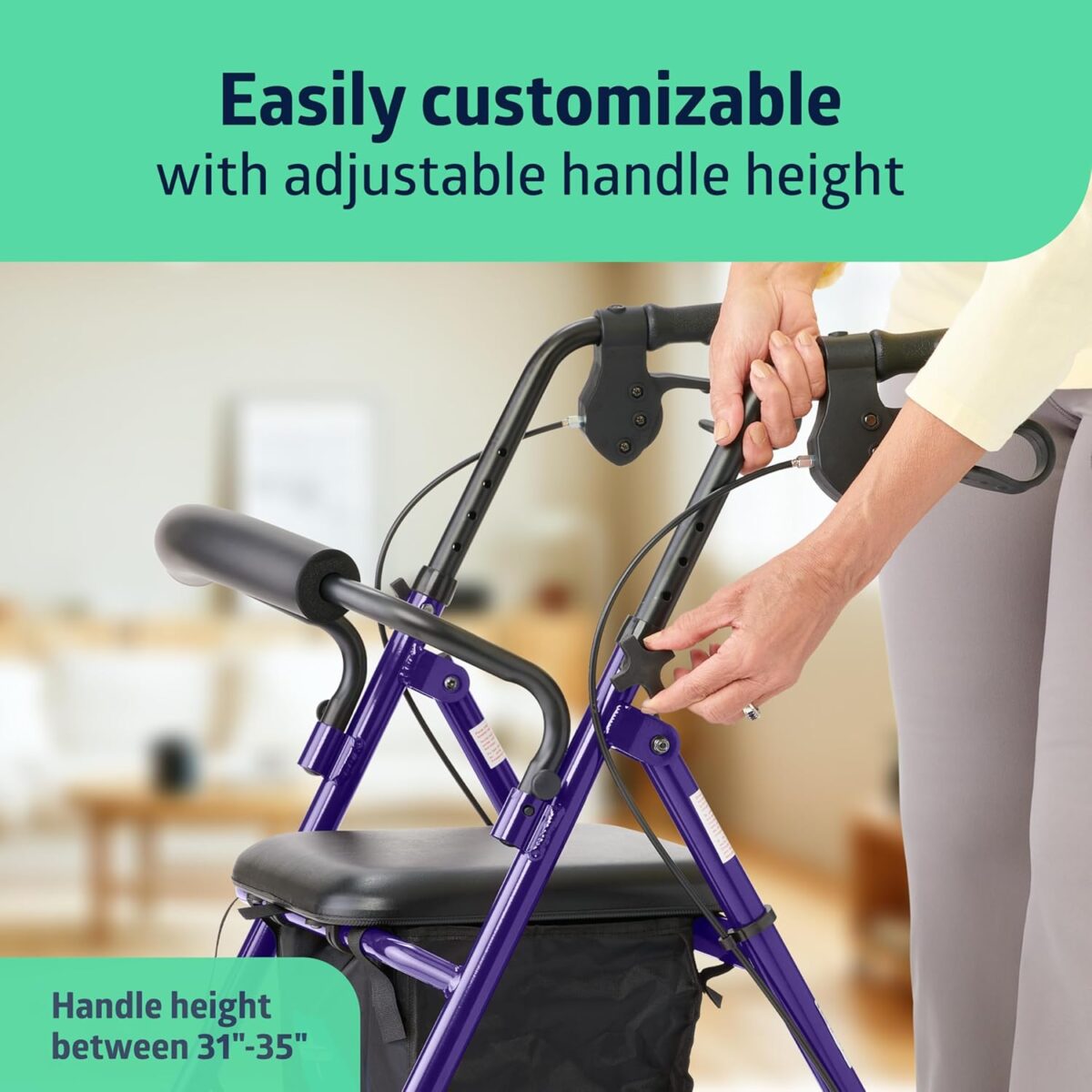 Medline Aluminum Rollator Walker with Seat, Purple, 250 lb. Weight Capacity, Lightweight, 6” Wheels, Foldable, Adjustable Handles, Rolling Walker for Seniors - Image 3