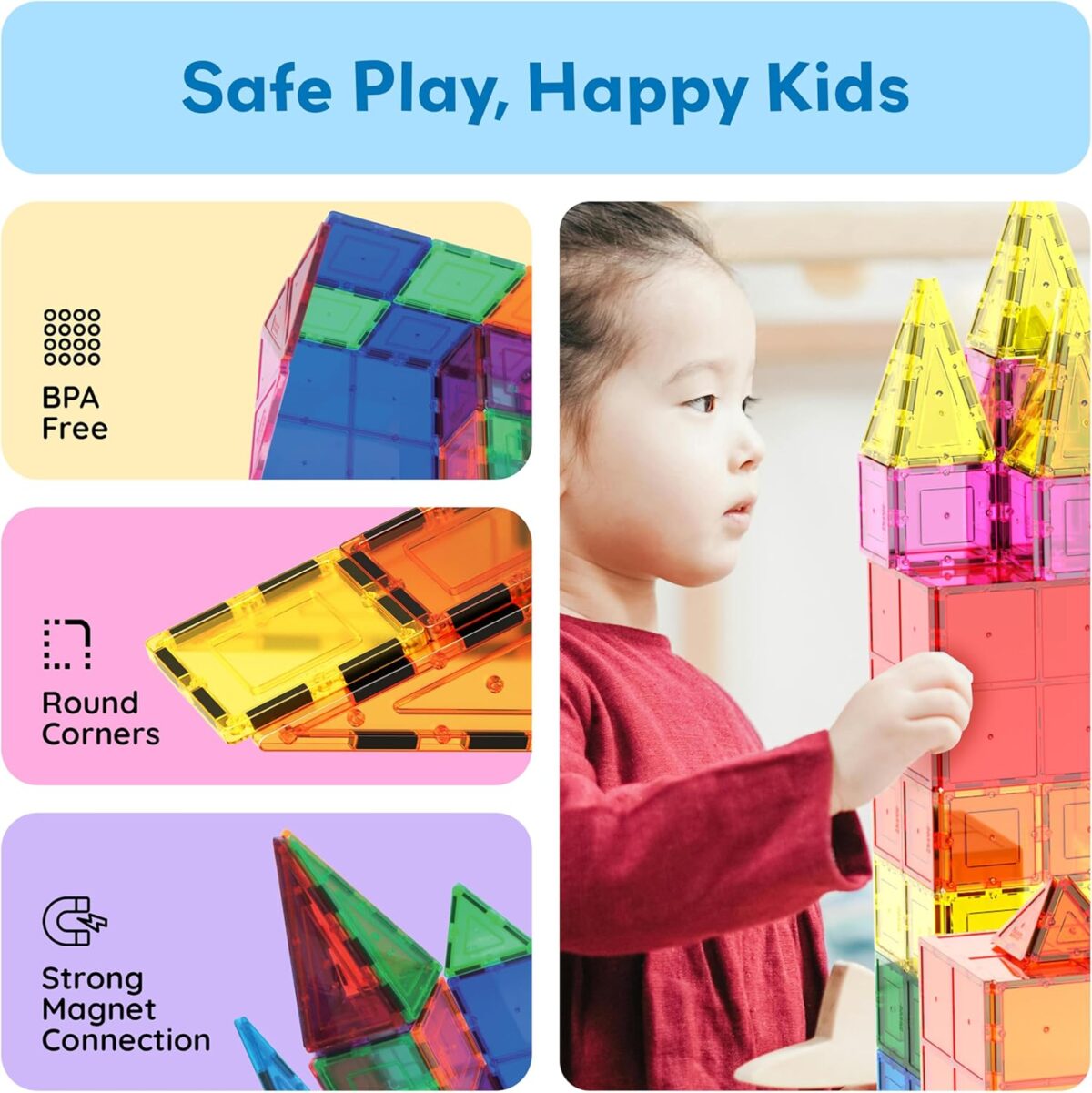 PicassoTiles Magnetic Tiles 60pcs Kids Toys Classroom Sensory Toy for Toddlers STEM Learning Building Blocks, Montessori Pretend Play Magnet Tile Construction Stacking Block Boys Girls Ages 3+ PT60 - Image 5