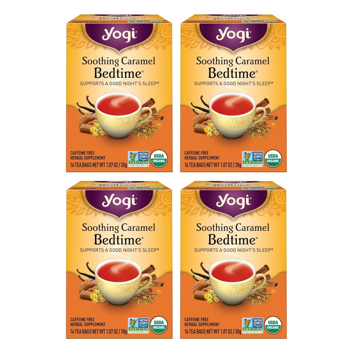 Yogi Tea Soothing Caramel Bedtime Tea - 16 Tea Bags per Pack (4 Packs) - Calming Sleep Tea - Supports Good Sleep - Includes Chamomile Flower, Rooibos Leaf, Roasted Chicory Root & More - Image 1