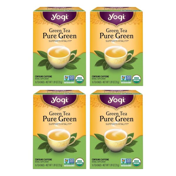 Yogi Tea Pure Green Tea - 16 Bags per Pack (4 Packs) - Organic - Supports Overall Health & Provides Antioxidants