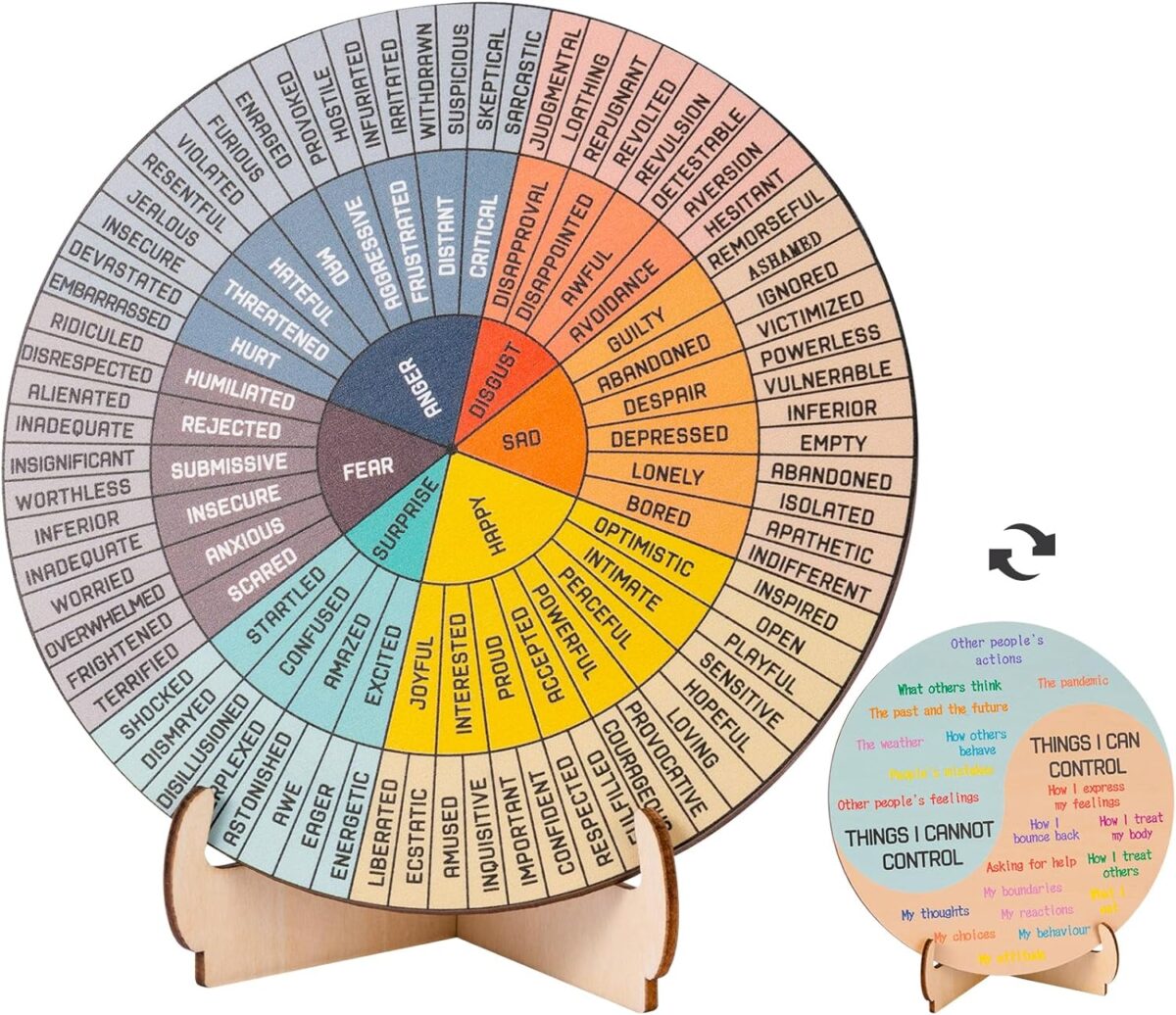Feelings Wheel Therapy Office Desk Decor - Double Sided Mental Health Emotions Chart with Stand, Therapist Gifts for Home Office Women Man - Image 1