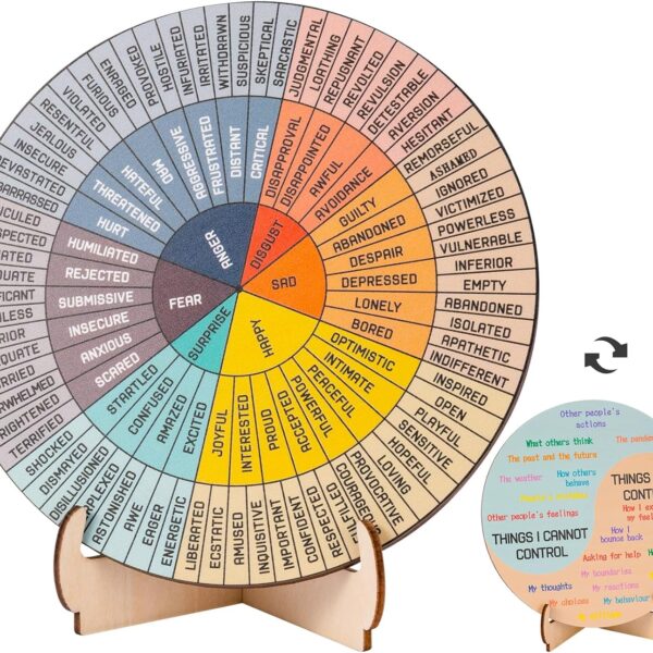 Feelings Wheel Therapy Office Desk Decor - Double Sided Mental Health Emotions Chart with Stand, Therapist Gifts for Home Office Women Man