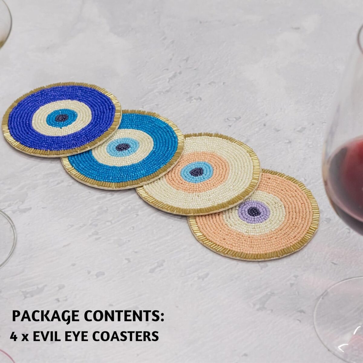Folkulture Beaded Coasters for Drinks| Set of 4 Round Decorative Bar Easter Coaster for Easters Party| Cute Boho Coaster' for Cocktail| Evil Eye Gifts for Women (4") - Image 6