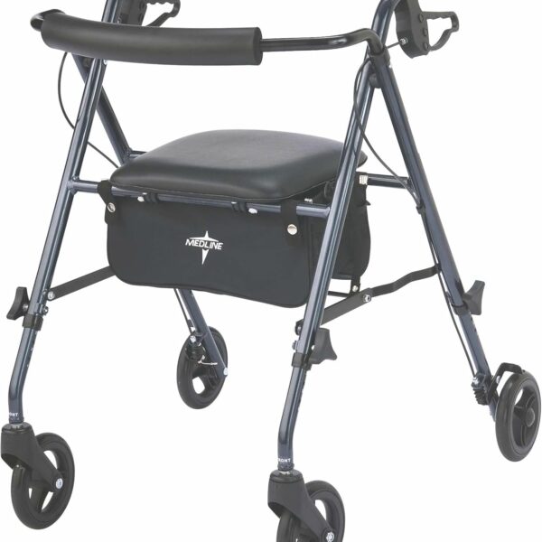 Medline Superlight Folding Aluminum Mobility Rollator Walker, Smoky Blue, 250 lb. Weight Capacity, 6" Wheels, Adjustable Arms and Seat, Foldable Rolling Walker for Seniors