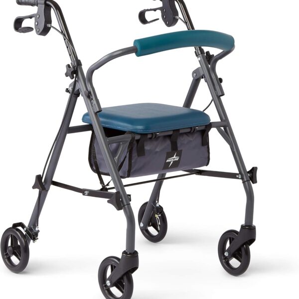 Medline Rollator Walker with Seat and Wheels, Folding Walker for Seniors with Microban Protection, Durable Steel Frame Supports up to 350 lbs, 6 inch wheels, Teal