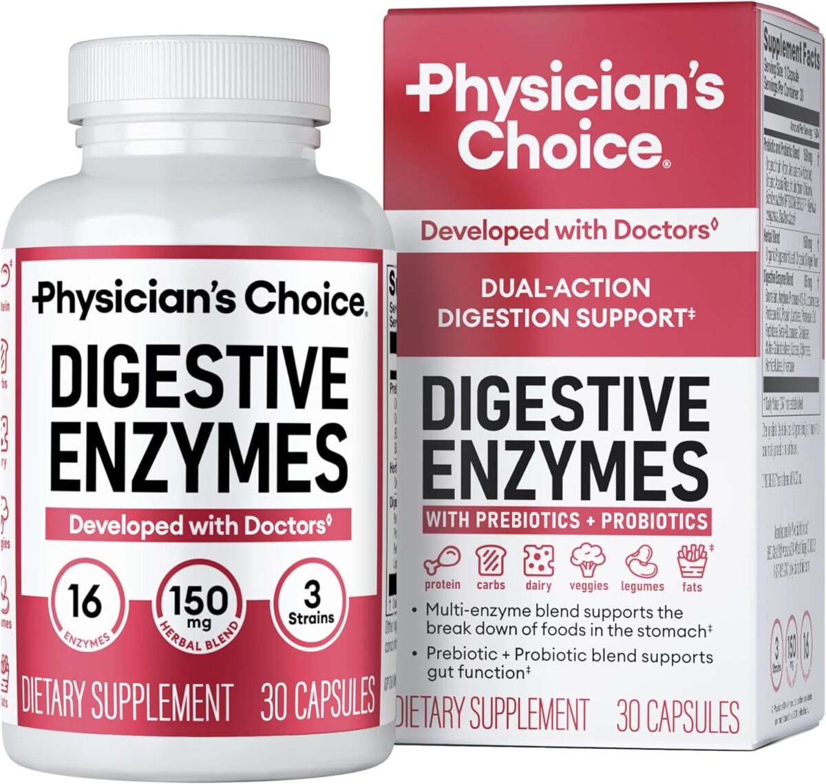 Physician's CHOICE Digestive Enzymes - Multi Enzymes, Bromelain, Organic Prebiotics & Probiotics for Digestive Health & Gut Health - Bloating & Meal Time Discomfort - Dual Action - All Diets - 30 CT - Image 1