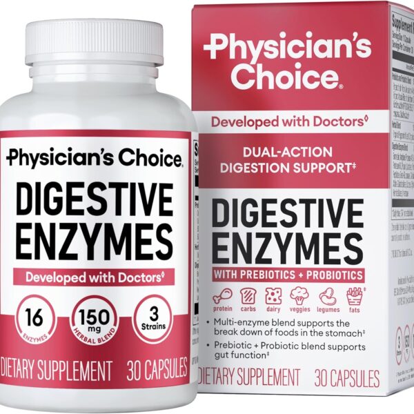 Physician's CHOICE Digestive Enzymes - Multi Enzymes, Bromelain, Organic Prebiotics & Probiotics for Digestive Health & Gut Health - Bloating & Meal Time Discomfort - Dual Action - All Diets - 30 CT